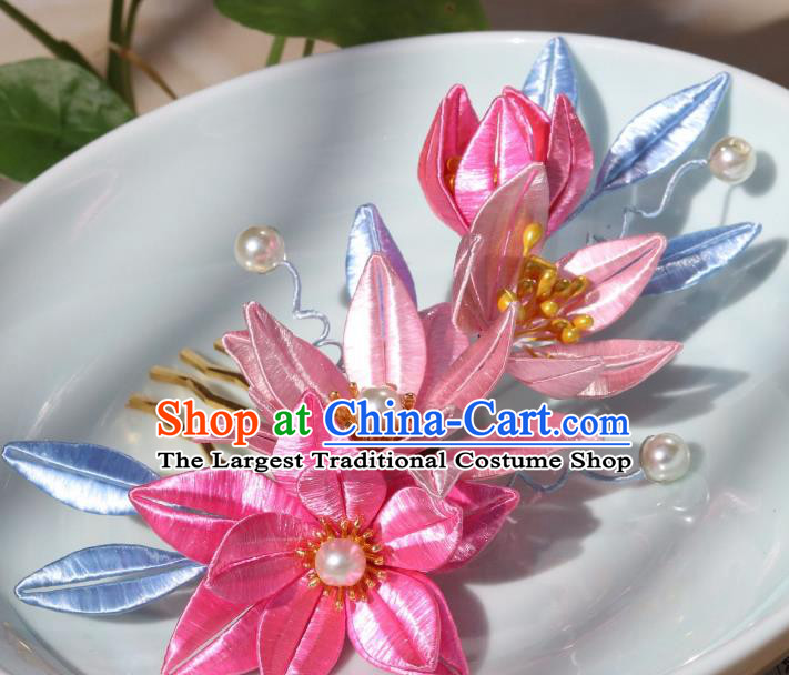 Chinese Traditional Song Dynasty Palace Lady Hair Comb Ancient Princess Pink Silk Epiphyllum Hairpin
