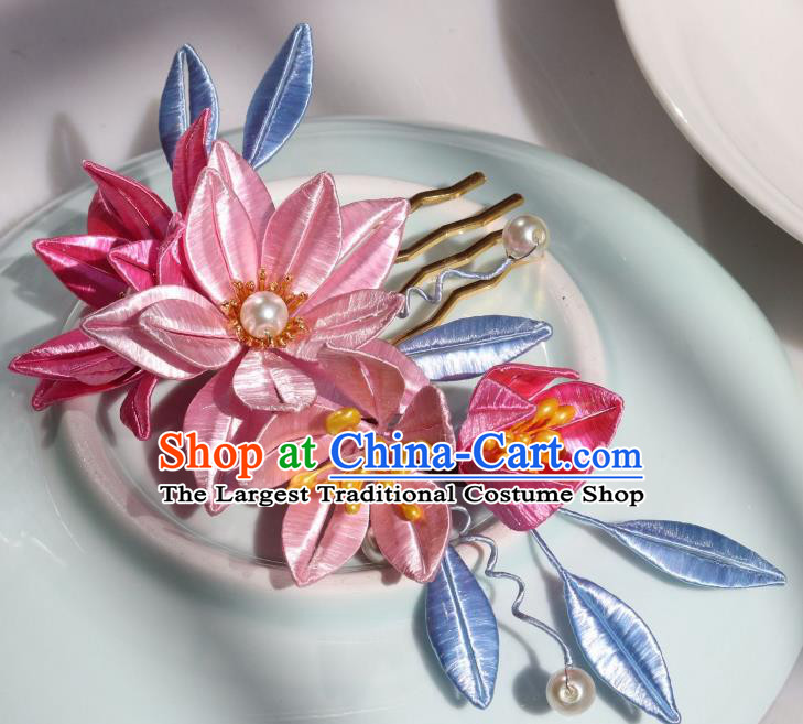 Chinese Traditional Song Dynasty Palace Lady Hair Comb Ancient Princess Pink Silk Epiphyllum Hairpin