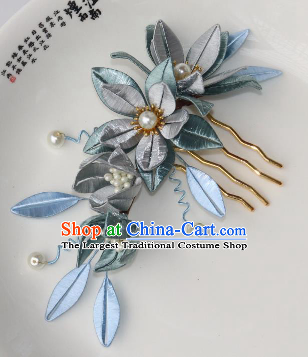 Chinese Ancient Palace Princess Pearls Hairpin Traditional Song Dynasty Grey Silk Flowers Hair Comb