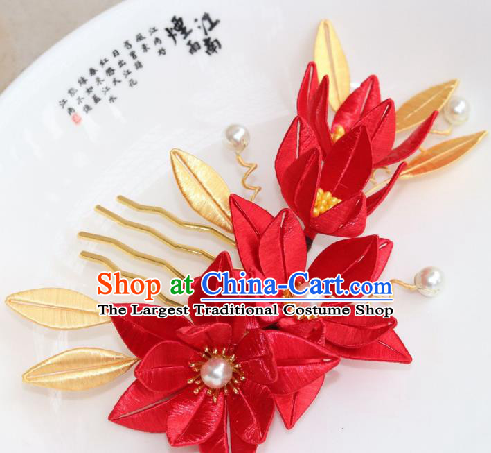Chinese Ancient Bride Pearls Hairpin Traditional Song Dynasty Red Silk Lily Flowers Hair Comb
