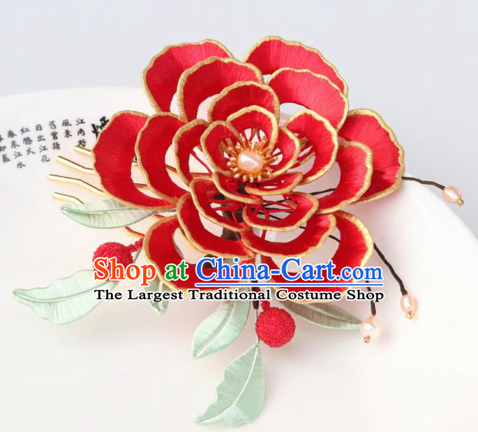 Chinese Ancient Empress Hairpin Traditional Song Dynasty Wedding Red Peony Hair Comb