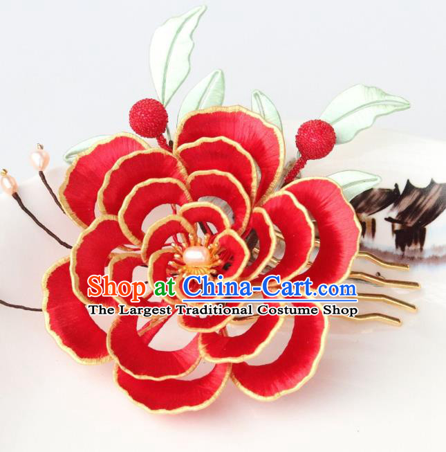 Chinese Ancient Empress Hairpin Traditional Song Dynasty Wedding Red Peony Hair Comb