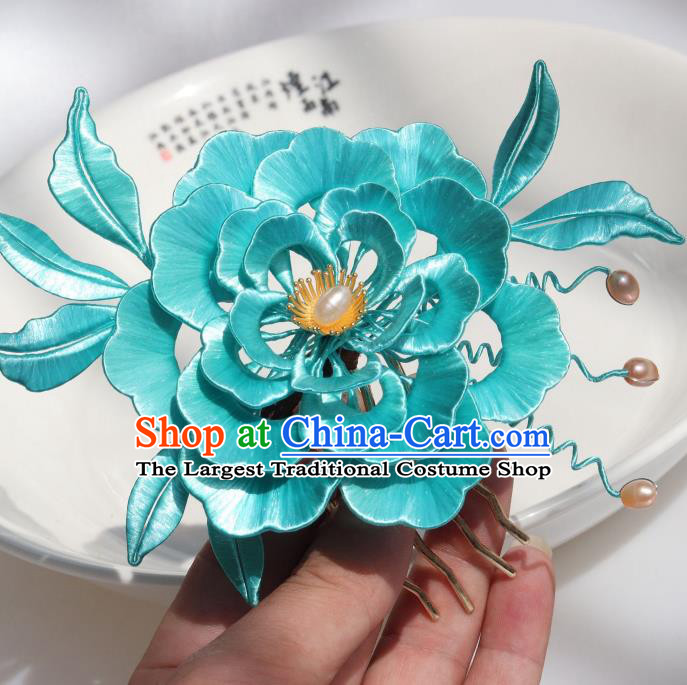 Chinese Ancient Court Princess Hairpin Traditional Ming Dynasty Blue Silk Peony Hair Comb Headpiece