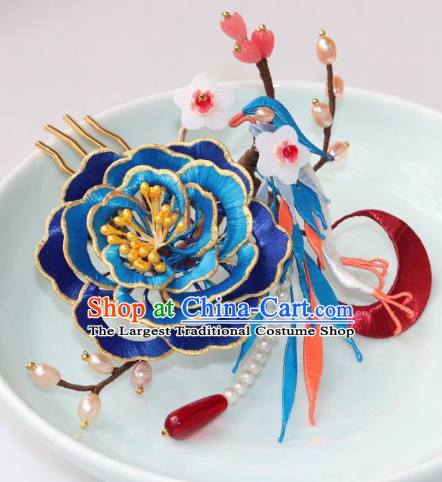 Chinese Ancient Palace Lady Plum Hair Stick Traditional Ming Dynasty Royalblue Silk Peony Hair Comb