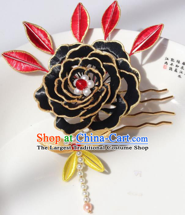 Chinese Traditional Ming Dynasty Black Silk Peony Hair Comb Headwear Ancient Princess Pearls Dragonfly Hairpin