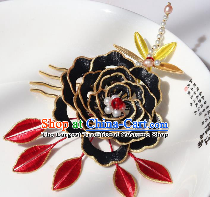 Chinese Traditional Ming Dynasty Black Silk Peony Hair Comb Headwear Ancient Princess Pearls Dragonfly Hairpin