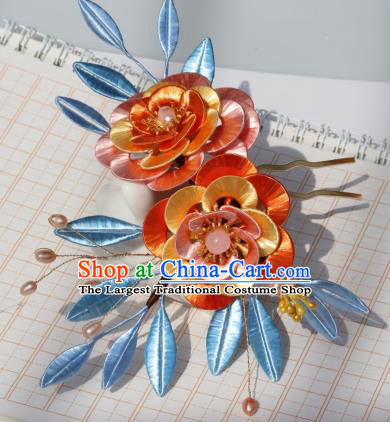Chinese Traditional Song Dynasty Orange Silk Camellia Hair Comb Headwear Ancient Palace Princess Hairpin