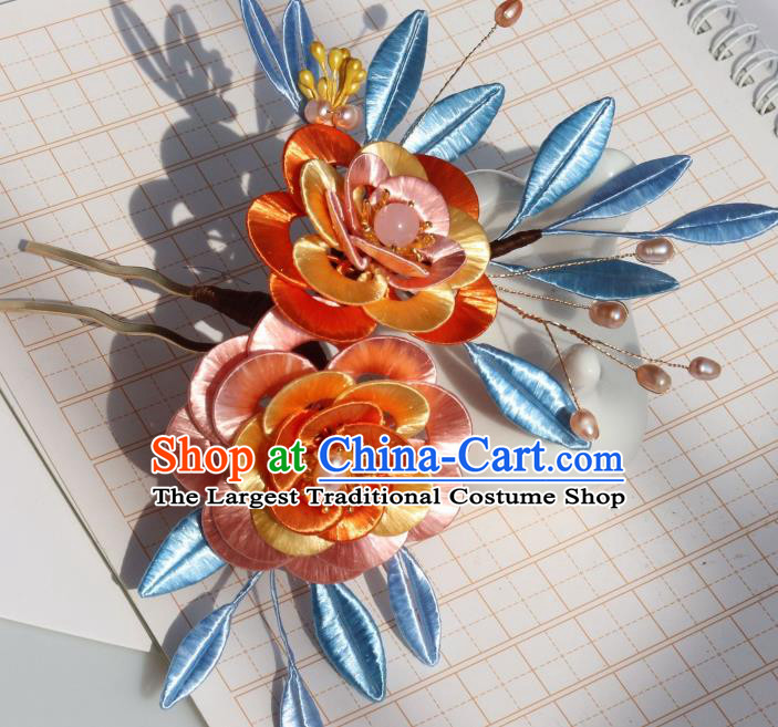 Chinese Traditional Song Dynasty Orange Silk Camellia Hair Comb Headwear Ancient Palace Princess Hairpin