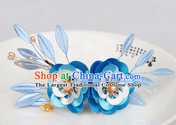 Chinese Ancient Court Lady Pearls Hairpin Traditional Song Dynasty Blue Silk Camellia Hair Stick