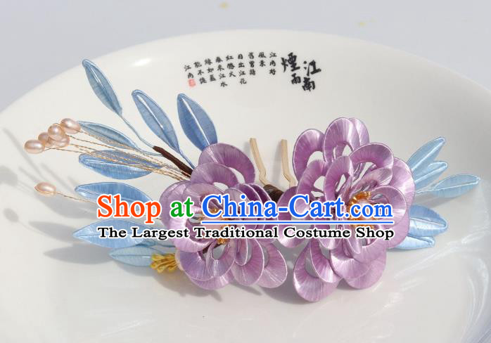 Chinese Ancient Palace Beauty Lilac Silk Camellia Hairpin Traditional Song Dynasty Pearls Hair Stick