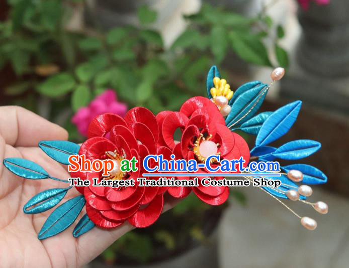 Chinese Ancient Young Lady Red Silk Camellia Hairpin Traditional Song Dynasty Wedding Hair Stick