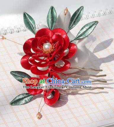 Chinese Ancient Princess Red Silk Peony Hairpin Traditional Ming Dynasty Wedding Bride Pearls Hair Stick