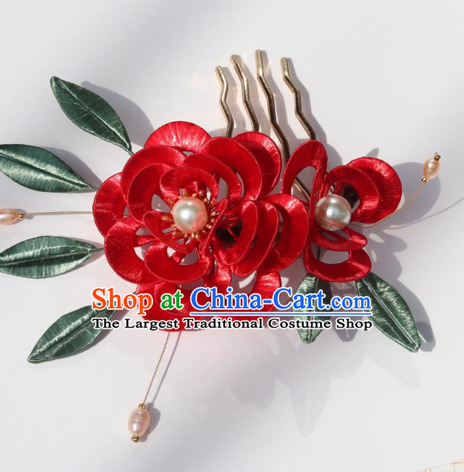 Chinese Ancient Princess Red Silk Peony Hairpin Traditional Ming Dynasty Wedding Bride Pearls Hair Stick
