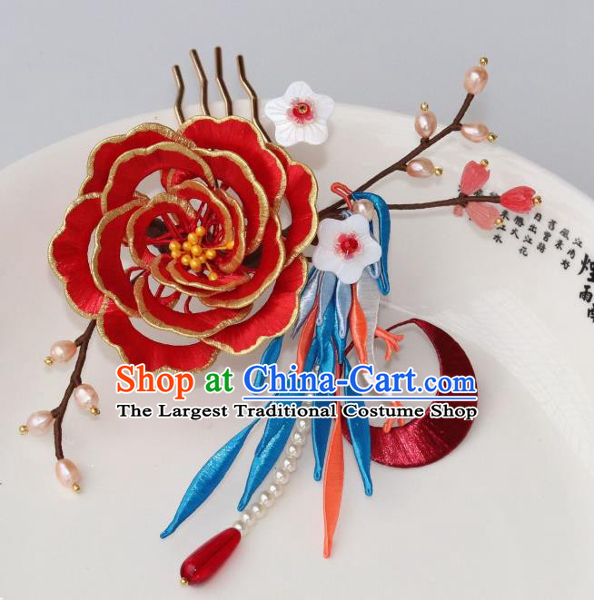 Chinese Ancient Princess Red Silk Peony Hair Stick Traditional Ming Dynasty Shell Plum Hair Comb