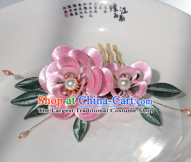 Chinese Ancient Court Princess Pearls Hairpin Traditional Ming Dynasty Pink Silk Peony Hair Comb