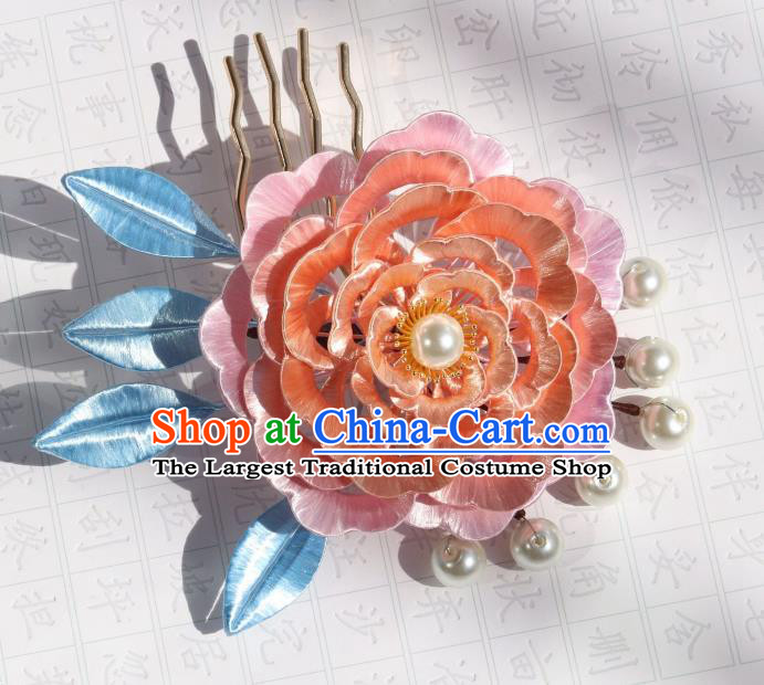Chinese Ancient Imperial Concubine Hairpin Traditional Tang Dynasty Court Lady Pink Peony Hair Comb