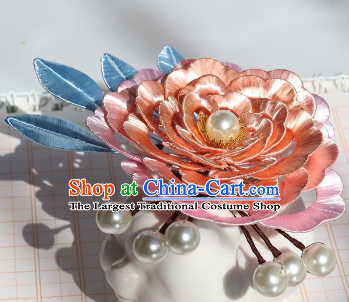 Chinese Ancient Imperial Concubine Hairpin Traditional Tang Dynasty Court Lady Pink Peony Hair Comb