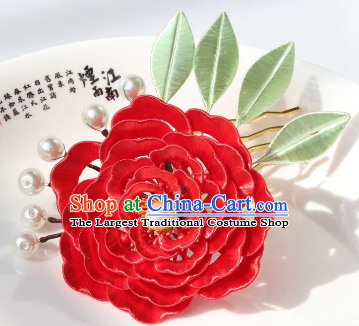 Chinese Traditional Hanfu Red Peony Hairpin Tang Dynasty Imperial Concubine Hair Comb Ancient Court Lady Hair Accessories