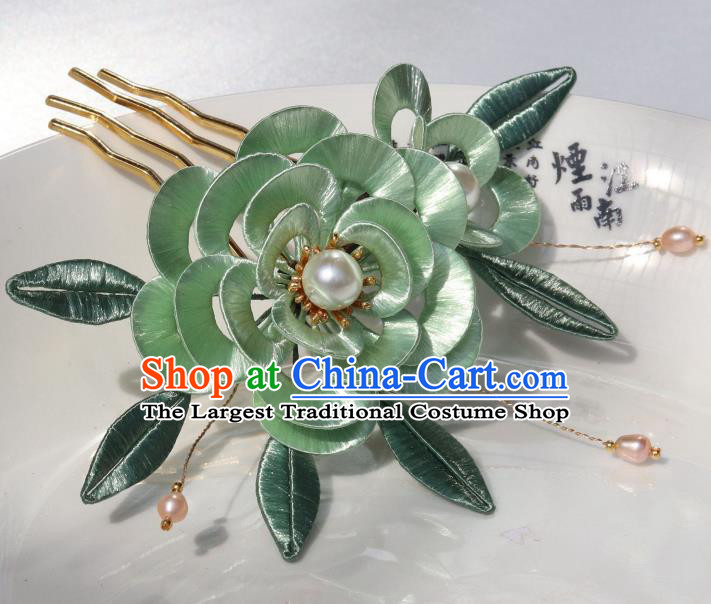 Chinese Ancient Young Beauty Green Silk Peony Hairpin Traditional Ming Dynasty Princess Pearls Hair Comb