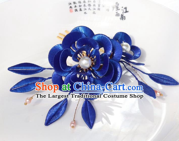 Chinese Ancient Princess Royalblue Silk Peony Hairpin Traditional Ming Dynasty Court Woman Hair Comb