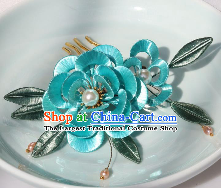 Chinese Ancient Court Woman Lake Blue Peony Hairpin Traditional Ming Dynasty Princess Hair Comb