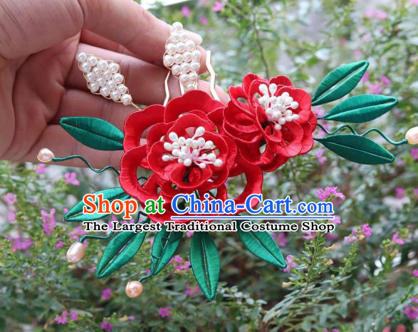 Chinese Handmade Red Silk Peony Hair Comb Ancient Song Dynasty Court Woman Pearls Hairpin