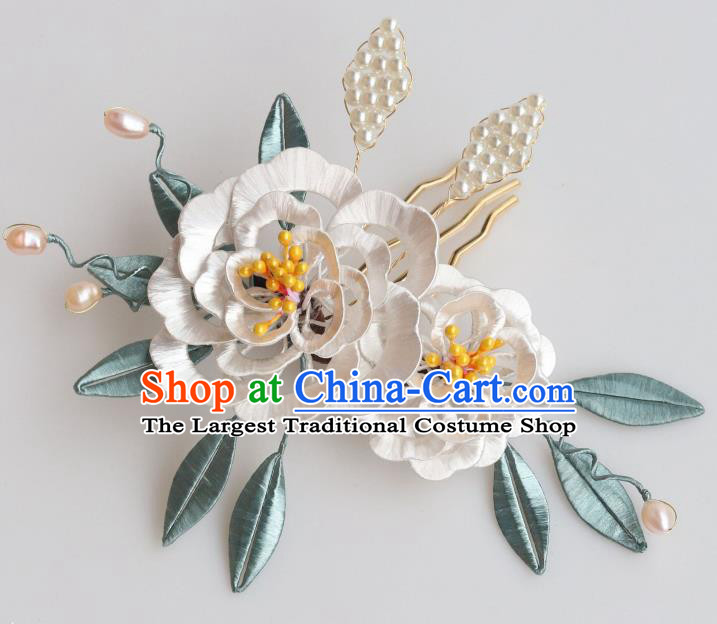 Chinese Ancient Song Dynasty Court Woman Pearls Hairpin Handmade White Silk Peony Hair Comb