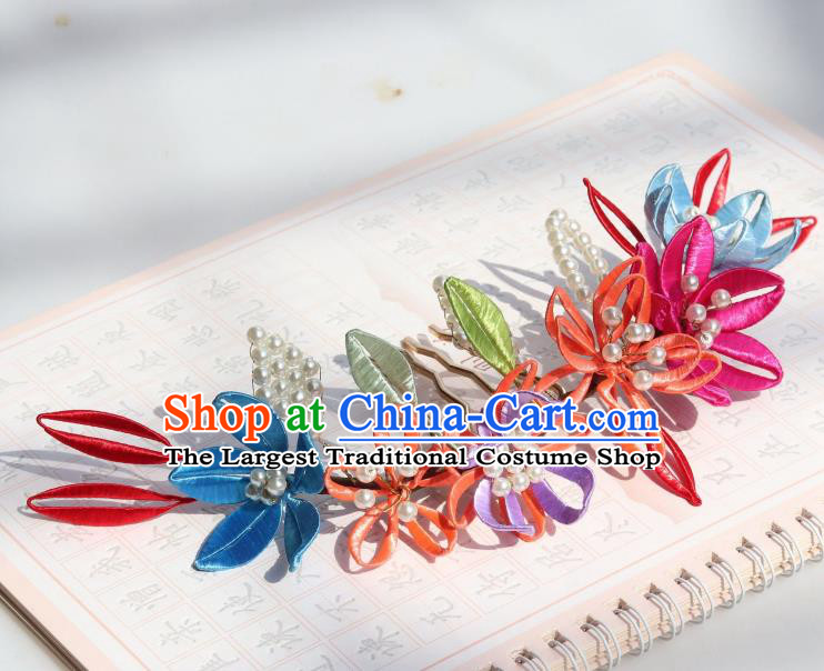 Chinese Handmade Court Woman Hair Comb Ancient Ming Dynasty Empress Silk Flowers Hairpin