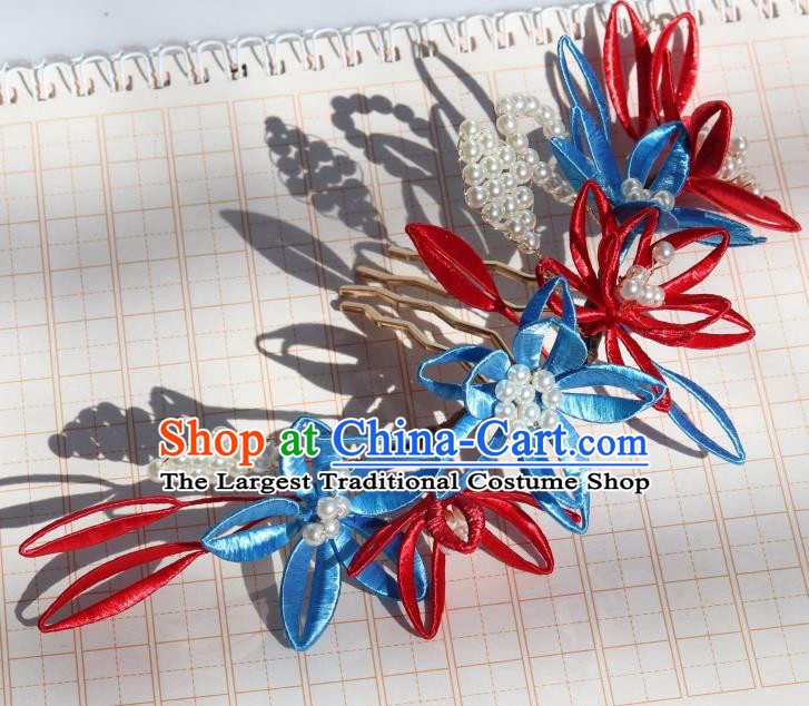 Chinese Handmade Silk Lily Flowers Hair Comb Ancient Ming Dynasty Empress Pearls Hairpin