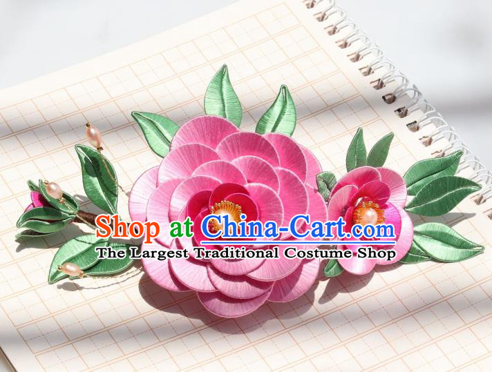 Chinese Ancient Court Lady Pearls Hairpin Handmade Ming Dynasty Princess Rosy Camellia Hair Comb