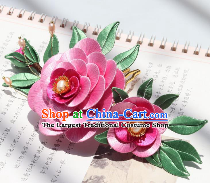 Chinese Ancient Court Lady Pearls Hairpin Handmade Ming Dynasty Princess Rosy Camellia Hair Comb