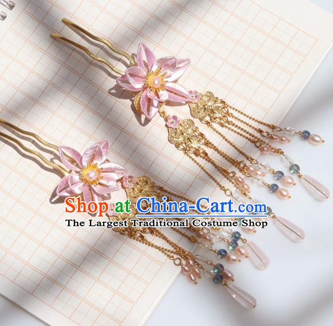 Chinese Ancient Infanta Pink Peach Blossom Hairpin Handmade Ming Dynasty Princess Tassel Hair Stick