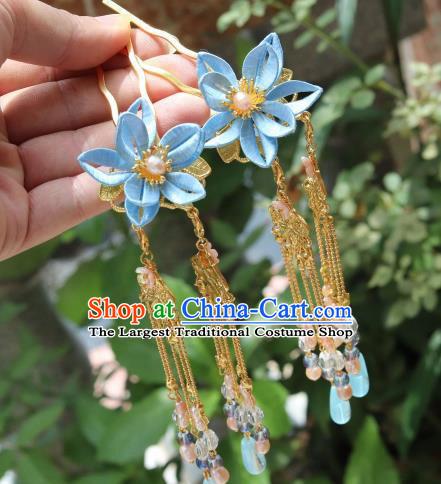 Chinese Handmade Ming Dynasty Princess Tassel Hair Stick Ancient Royal Infanta Blue Peach Blossom Hairpin