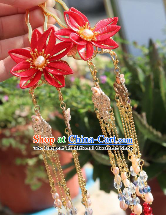Chinese Handmade Red Silk Flowers Hair Stick Ancient Royal Princess Pearls Tassel Hairpin