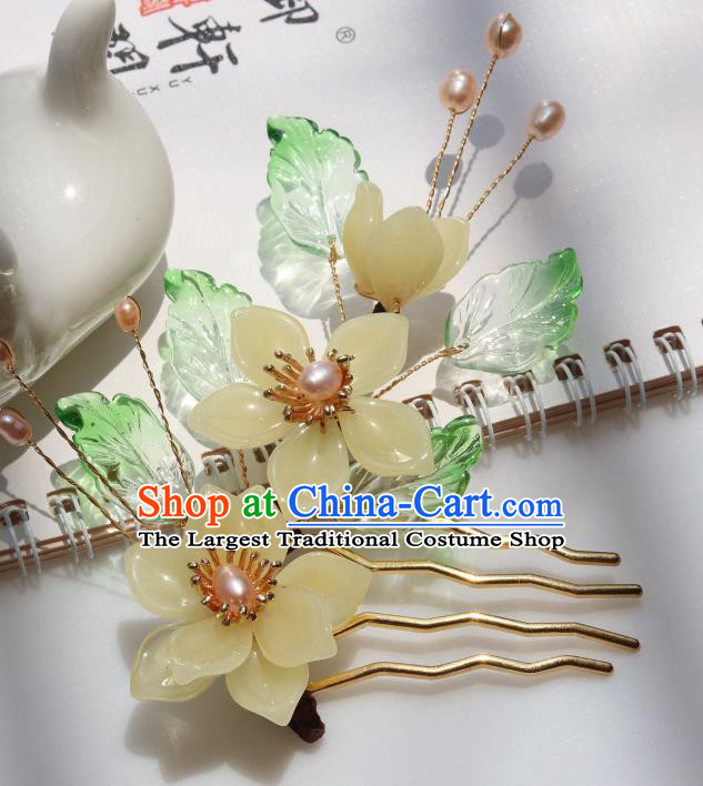 Chinese Handmade Yellow Peach Blossom Hair Comb Ancient Royal Princess Pearls Hairpin Headwear