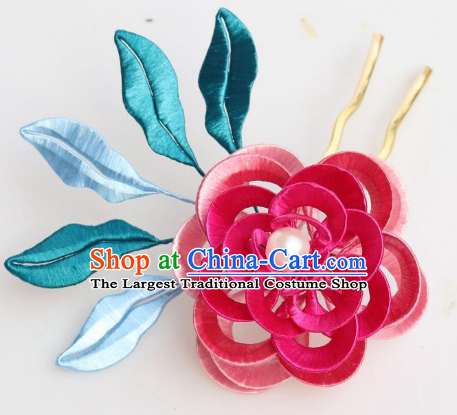 Chinese Handmade Hanfu Hair Accessories Ancient Royal Princess Rosy Silk Peony Hairpin Headpiece