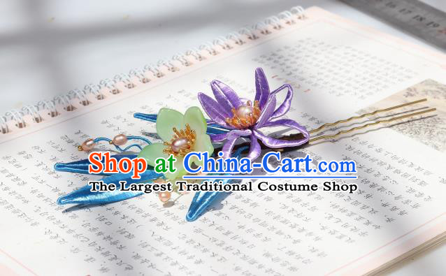 Chinese Handmade Ming Dynasty Hair Accessories Ancient Palace Princess Purple Silk Flower Hairpin