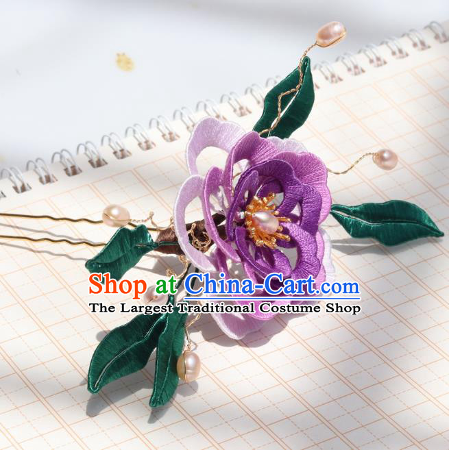 Chinese Handmade Pearls Hairpin Hair Accessories Ancient Palace Princess Purple Silk Camellia Hair Comb