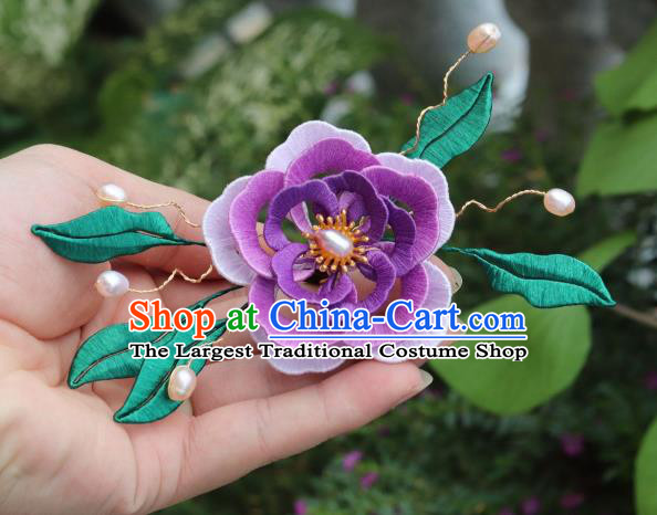 Chinese Handmade Pearls Hairpin Hair Accessories Ancient Palace Princess Purple Silk Camellia Hair Comb