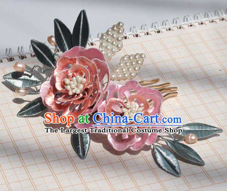 Chinese Traditional Ming Dynasty Pink Silk Peony Hairpin Ancient Princess Pearls Hair Comb