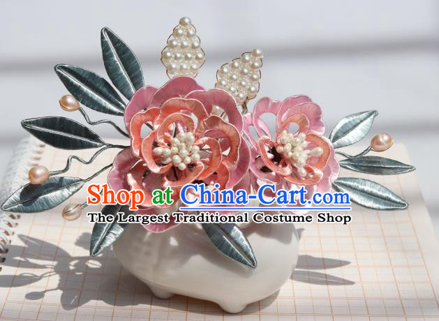 Chinese Traditional Ming Dynasty Pink Silk Peony Hairpin Ancient Princess Pearls Hair Comb