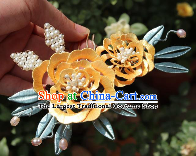 Chinese Ancient Palace Lady Pearls Hair Comb Traditional Ming Dynasty Yellow Silk Peony Hairpin