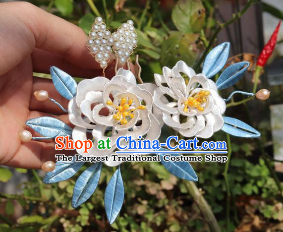 Chinese Ancient Imperial Concubine Hairpin Traditional Ming Dynasty White Silk Peony Hair Comb