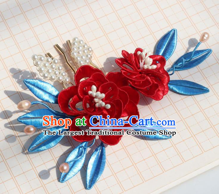 Chinese Handmade Red Peony Hair Comb Ancient Ming Dynasty Court Princess Hairpin