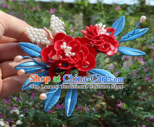 Chinese Handmade Red Peony Hair Comb Ancient Ming Dynasty Court Princess Hairpin