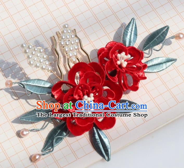 Chinese Handmade Pearls Hair Comb Ancient Ming Dynasty Court Princess Red Peony Hairpin