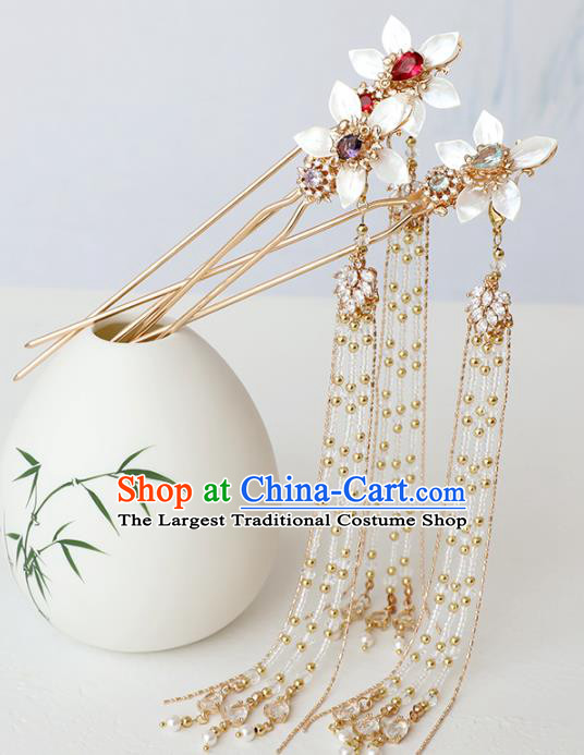Chinese Ancient Princess Shell Flower Hairpin Traditional Ming Dynasty Golden Beads Tassel Hair Stick