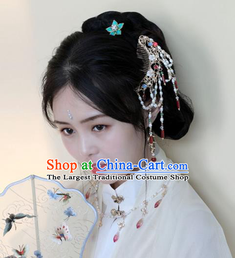 Chinese Ancient Court Princess Golden Hairpin Traditional Song Dynasty Pearls Tassel Hair Comb