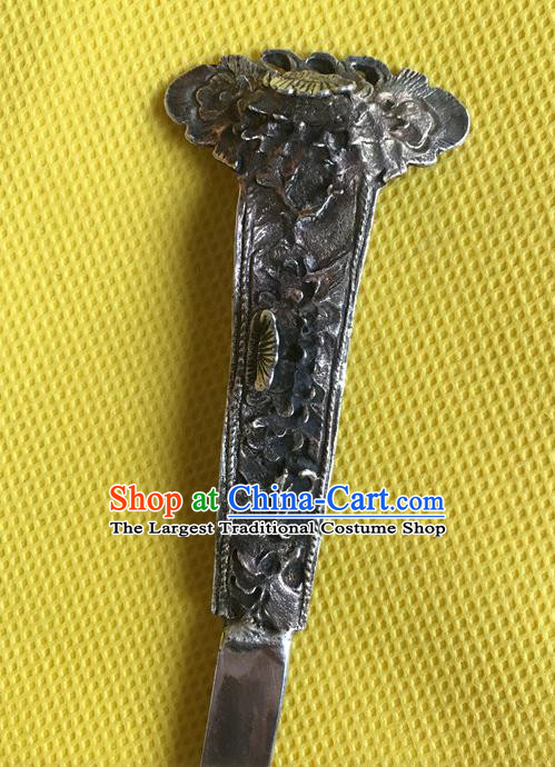 Chinese Ancient Royal Queen Hairpin Headwear Traditional Qing Dynasty Silver Carving Peony Hair Stick