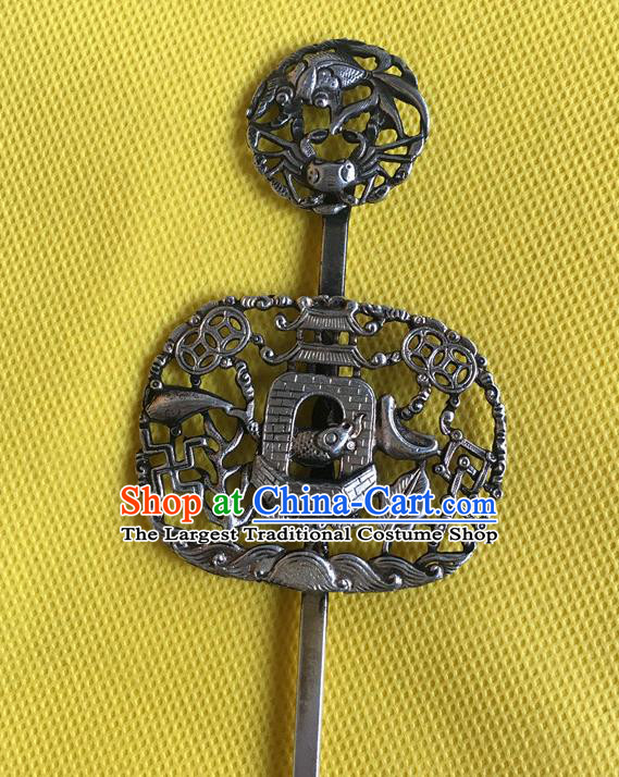 Chinese Ancient Empress Hairpin Headwear Traditional Qing Dynasty Silver Carving Carp Dragon Gate Hair Stick